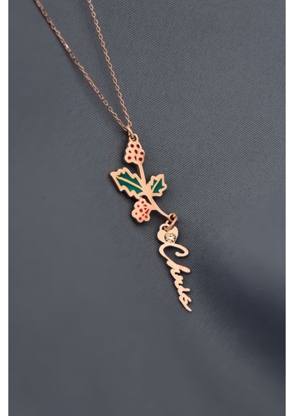 925 Ayar Gümüş Rose Kaplama Özel Tasarım Kalp Doğum Taşlı Mineli Aralık Ayı Çiçeği, Isim Kolye