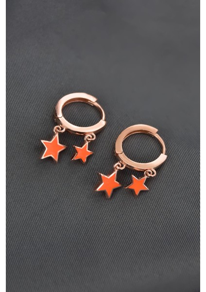 925 Ayar Gümüş Rose Kaplama Turuncu Mineli Yıldız Halka Küpe