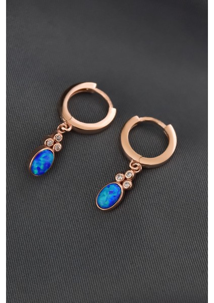925 Ayar Gümüş Rose Kaplama Opal Oval Halka Küpe