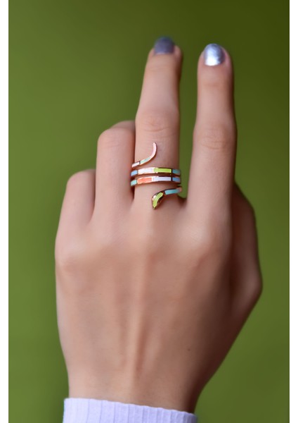 925 Ayar Gümüş Rose Kaplama Yeşil Turuncu Mineli Ayarlanabilir Yılan Yüzük