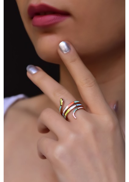 925 Ayar Gümüş Rose Kaplama Yeşil Turuncu Mineli Ayarlanabilir Yılan Yüzük fiyatları