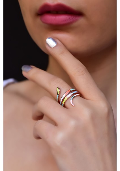 925 Ayar Gümüş Rose Kaplama Yeşil Turuncu Mineli Ayarlanabilir Yılan Yüzük modelleri