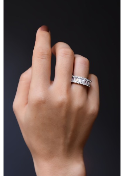 925 Ayar Gümüş Rodyum Kaplama Baget Taşlı Alyans Yüzük modelleri