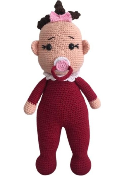Bordo Kız Emzikli Tombiş Bebek Amigurumi Organik Oyuncak