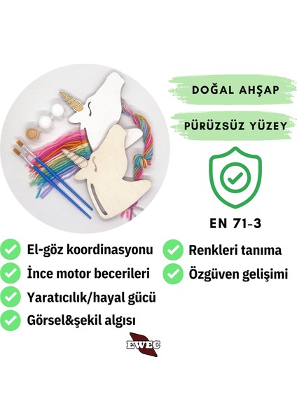 Unicorn 2'li Çocuk Eğitim Seti, Ipli ve Boyamalı Eğitici Ahşap Oyuncak, El Becerisi Hobi Eğitim Seti