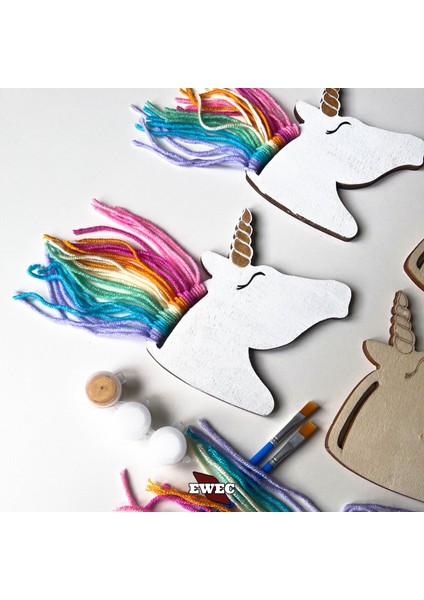 Unicorn 2'li Çocuk Eğitim Seti, Ipli ve Boyamalı Eğitici Ahşap Oyuncak, El Becerisi Hobi Eğitim Seti