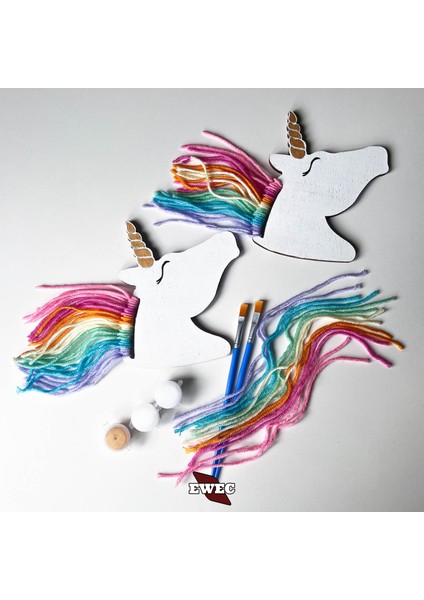 Unicorn 2'li Çocuk Eğitim Seti, Ipli ve Boyamalı Eğitici Ahşap Oyuncak, El Becerisi Hobi Eğitim Seti