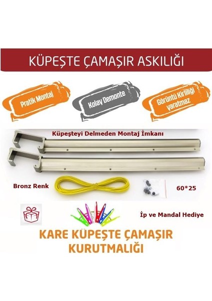 Balkon Çamaşır Kurutma Askısı Dikdörtgen Küpeşte 60*25 Bronz