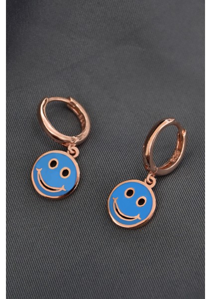 925 Ayar Gümüş Rose Kaplama Mavi Mineli Smile Halka Küpe