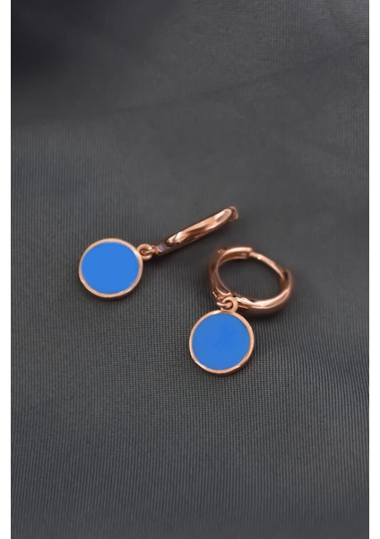 925 Ayar Gümüş Rose Kaplama Mavi Mineli Yuvarlak Halka Küpe