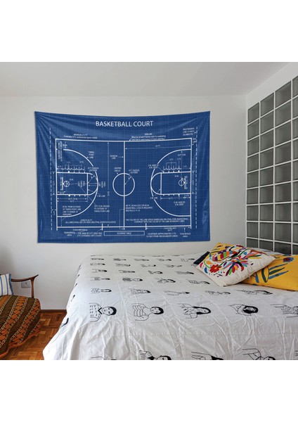 Basketball Court Blueprint Duvar Örtüsü- Basketbol Oda Dekorasyonu- Çocuk Odası Duvar Dekorasyonu