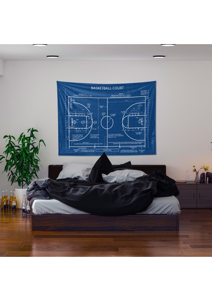 Basketball Court Blueprint Duvar Örtüsü- Basketbol Oda Dekorasyonu- Çocuk Odası Duvar Dekorasyonu fiyatları