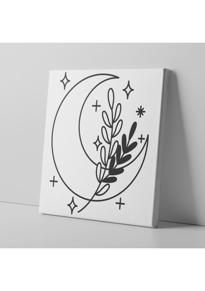 Ay ve Yaprak Çizim Minimalist Kanvas Tablo