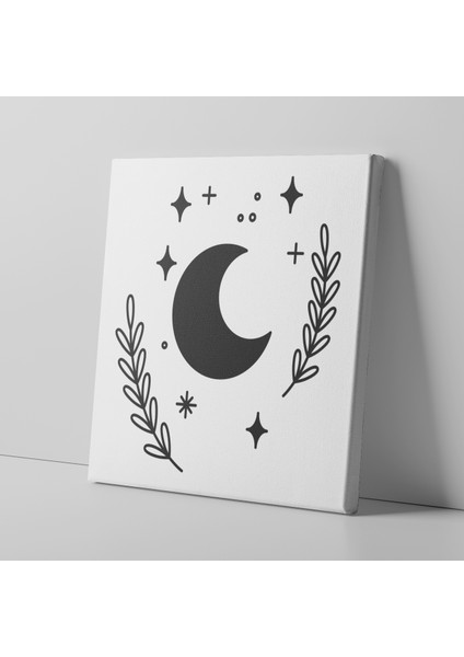 Siyah Ay Yaprak ve Yıldızlar Minimalist Kanvas Tablo