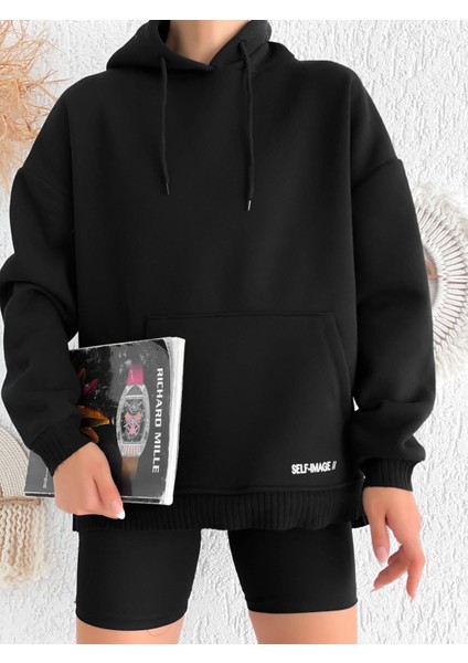 Self Image Yazılı Kapüşonlu Boyfriend Oversize Sweatshirt