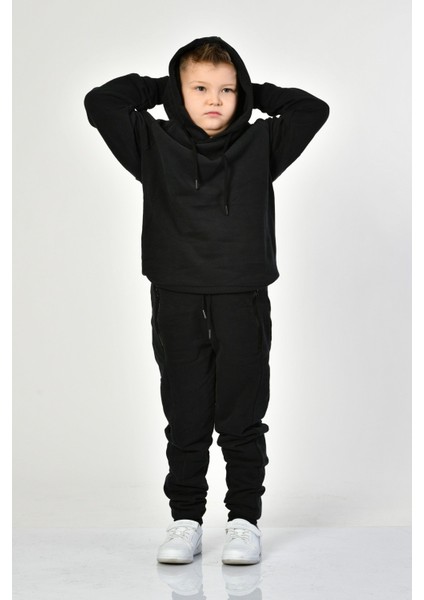 Kapüşonlu Erkek Çocuk Sweatshirt - Siyah Siyah - 8-10 Yaş