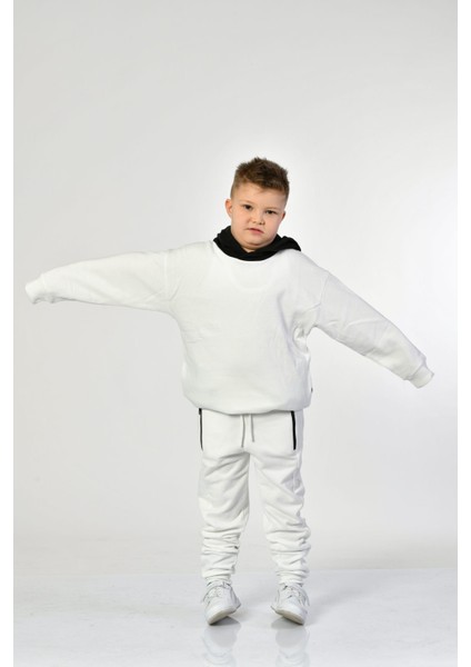 Cepli Kapüşonlu Erkek Çocuk Sweatshirt - Beyaz Beyaz - 8-10 Yaş
