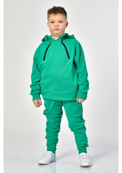 Cepli, Kapüşonlu, Fermuarlı Erkek Çocuk Sweatshirt - Yeşil Yeşil - 10-12 Yaş