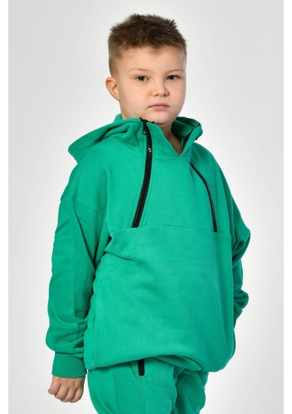 Cepli, Kapüşonlu, Fermuarlı Erkek Çocuk Sweatshirt - Yeşil Yeşil - 10-12 Yaş fiyatları