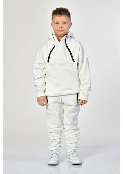 Cepli, Kapüşonlu, Fermuarlı Erkek Çocuk Sweatshirt - Beyaz Beyaz - 10-12 Yaş