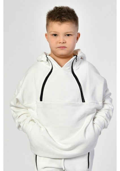 Cepli, Kapüşonlu, Fermuarlı Erkek Çocuk Sweatshirt - Beyaz Beyaz - 10-12 Yaş fiyatları