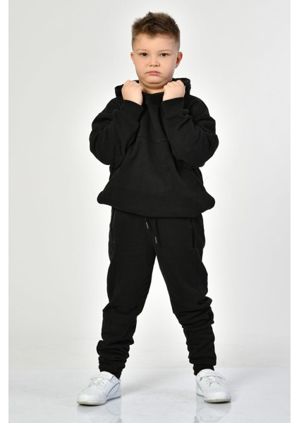 Cepli, Kapüşonlu, Fermuarlı Erkek Çocuk Sweatshirt - Siyah Siyah - 8-10 Yaş