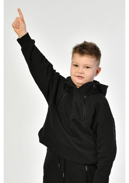 Cepli, Kapüşonlu, Fermuarlı Erkek Çocuk Sweatshirt - Siyah Siyah - 8-10 Yaş