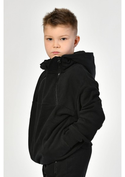 Cepli, Kapüşonlu, Fermuarlı Erkek Çocuk Sweatshirt - Siyah Siyah - 8-10 Yaş
