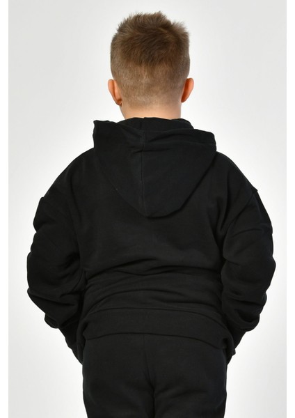 Cepli, Kapüşonlu, Fermuarlı Erkek Çocuk Sweatshirt - Siyah Siyah - 8-10 Yaş