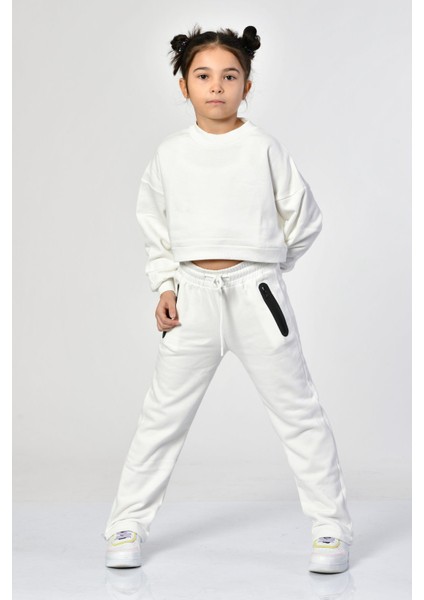 Bisiklet Yaka Crop Kız Çocuk Sweatshirt - Beyaz Beyaz - 8-10 Yaş