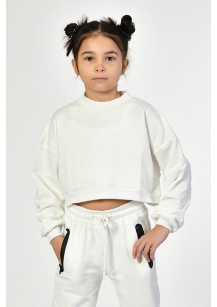 Bisiklet Yaka Crop Kız Çocuk Sweatshirt - Beyaz Beyaz - 8-10 Yaş fiyatları