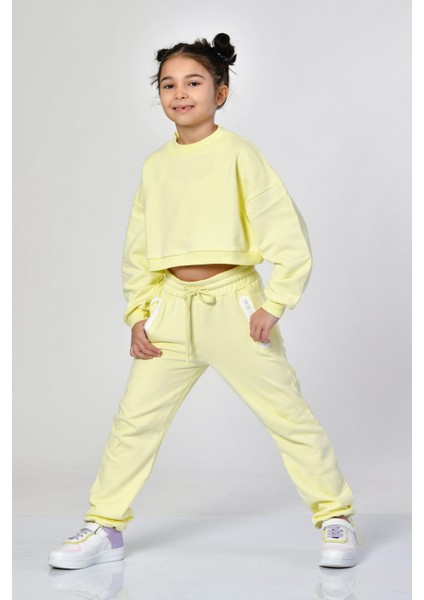 Bisiklet Yaka Crop Kız Çocuk Sweatshirt - Limon Sarısı Limon Sarısı - 10-12 Yaş