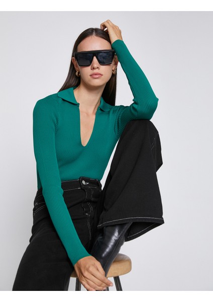 Polo Yaka Crop Tişört Uzun Kollu