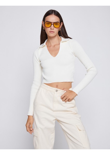 Polo Yaka Crop Tişört Uzun Kollu