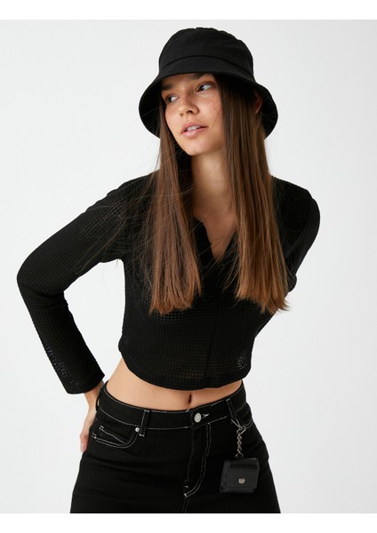 Crop Tişört Polo Yaka Uzun Kollu