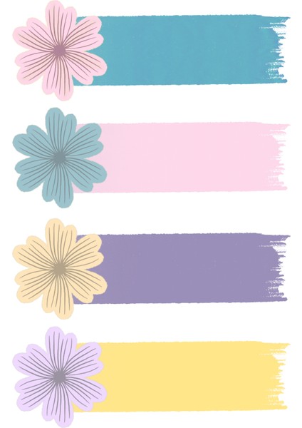 Çiçek Görselli Okul Etiketi Stickerı 2 x 6 cm 24 Adet