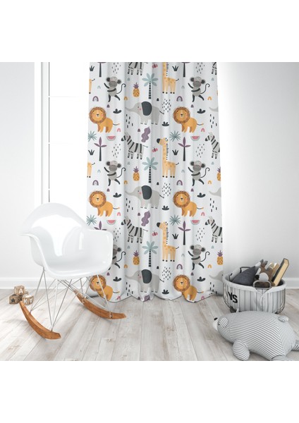 Sevimli Safari Hayvanları, Ithal Kumaş, Çocuk ve Bebek Odası Fon Perde - 1 Kanat