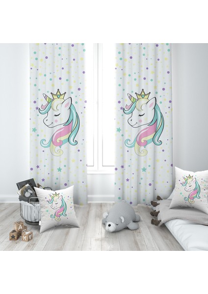 Prenses, Unicorn, Ithal Kumaş, Çocuk ve Bebek Odası Fon Perde - 1 Kanat