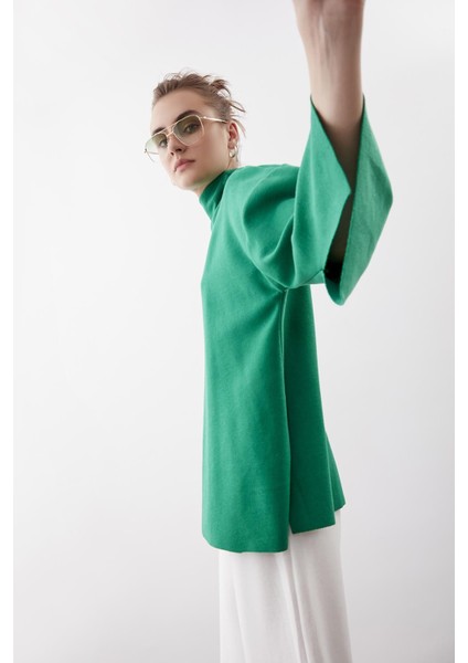 Düşük Kol Yakalı Yanlar Yırtmaçlı Örme Oversize Bluz