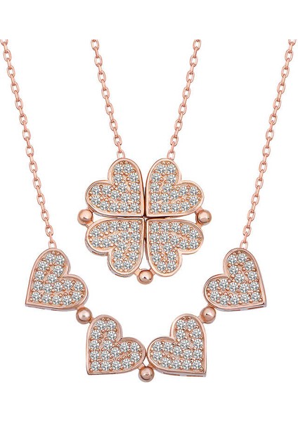 Gümüş Beyaz Taşlı Kalpli Açılabilen Yonca Kadın Kolye modelleri