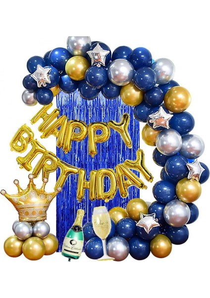 Happy Bırtday Gold Lacivert Temalı Balon Zincir Seti