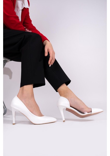 Beyaz Yanı Açık Şeffaf Stiletto Topuklu Kadın Ayakkabı - Lotus