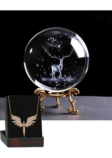 3D Karlar Ülkesi Geyik Tasarımlı Metal Ayaklı Cam Küre Dekoratif ve Melek Kolye