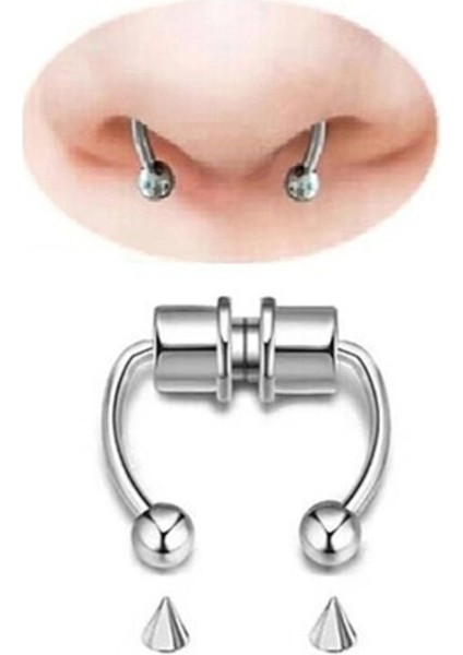 Paslanmaz Çelik Gümüş Renk Mıknatıslı Fake Sahte Septum Piercing