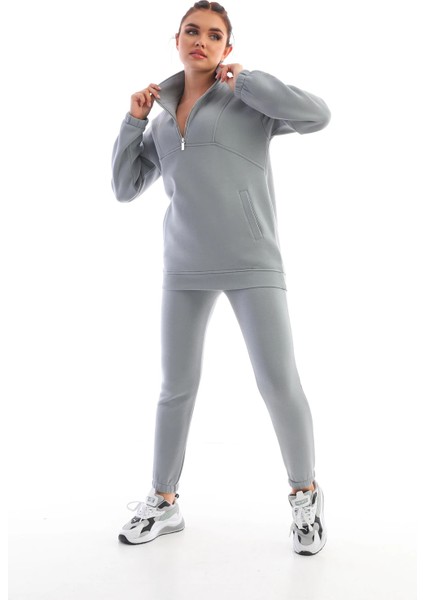 Koyu Gri Dik Yaka Fermuarlı Sweatshirt Kadın Eşofman Takım fiyatları