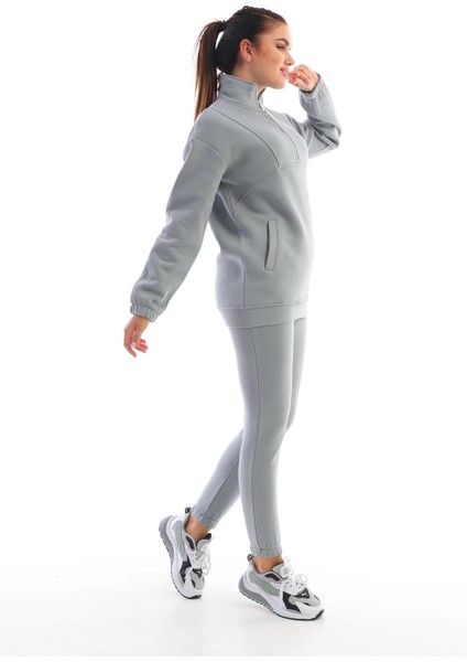 Koyu Gri Dik Yaka Fermuarlı Sweatshirt Kadın Eşofman Takım modelleri