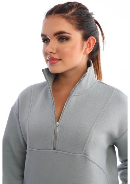 Koyu Gri Dik Yaka Fermuarlı Sweatshirt Kadın Eşofman Takım indirimleri