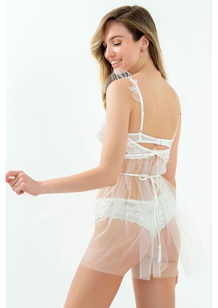 7216 Balenli Sütyenli Tüllü Gecelik-Ekru modelleri