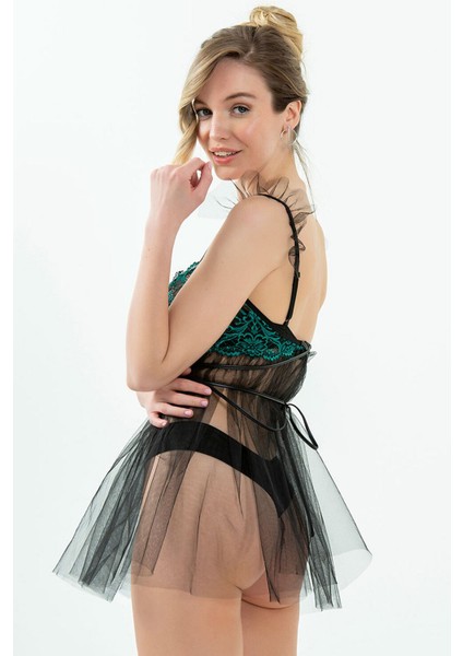 7216 Balenli Sütyenli Tüllü Gecelik-Yeşil modelleri