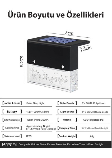 6ADET Solar Güneş Enerjili Köşebent Merdiven Bahçe Dekorasyon Aydınlatma LED Lamba 2 Mod